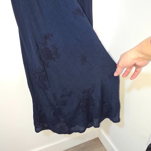 Smocked waist peasant square neck dress Large Navy Rayon Puff Sleeve Cottagecore - Picture 4 of 9